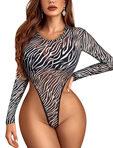 Avidlove Long Sleeve Bodysuit for Women Mesh Bodysuit Top Sheer Cutout Waist Leotards S-XXL - Large - Silver Zebra Print