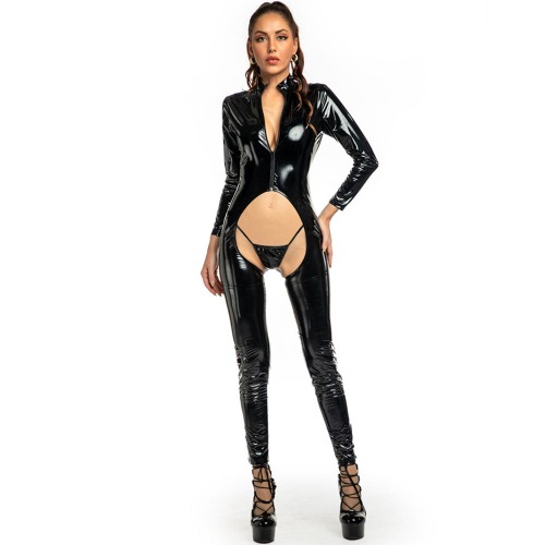 Plus Size PVC One-Piece Catsuit - Black / L