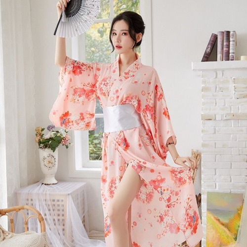 Floral Printed Traditional Kimono Robe - Pink / L