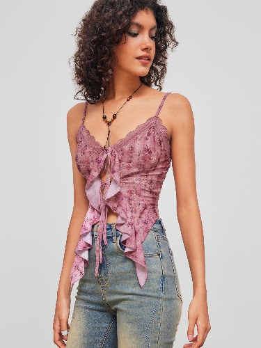 V-neck Floral Tie Front Bow Lace Ruffle Hem Crop Cami Top