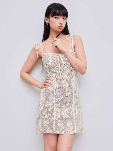 Lace Square Neck Floral Embroidery Knotted Mini Dress