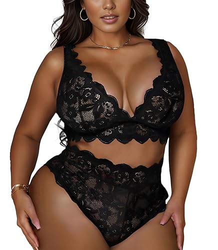 JuicyRose Women Plus Size 2 Piece Lingerie Sexy Floral Lace Scallop Trim Bralette and High Waist Panty Set - XX-Large - Black
