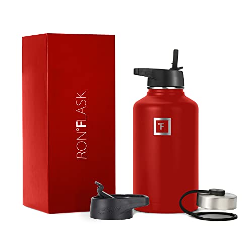 IRON °FLASK Sports Water Bottle - Wide Mouth with 3 Straw Lids - Stainless Steel Gym & Outdoor Bottles for Men, Women & Kids - Double Walled, Insulated Thermos, Metal Canteen - Fire Red, 64 Oz - Straw - 64 Oz - Fire Red