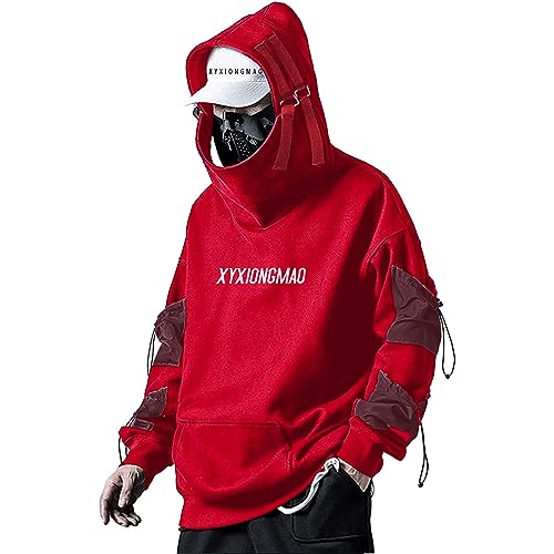 XYXIONGMAO Streetwear Techwear Hoodie Cyberpunk Tactical Mens Black Urban Hip Hop Japanese Sweatshirt - X-Large - Red