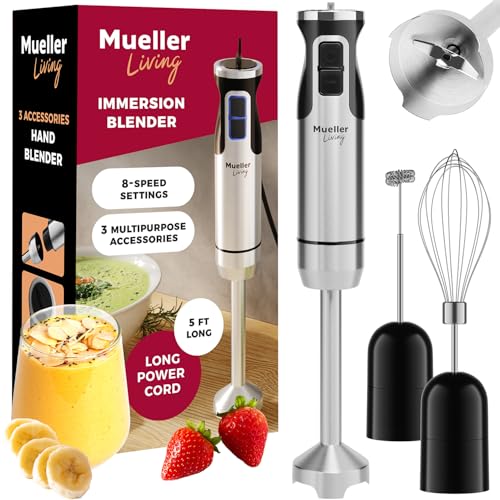 Mueller Immersion Blender Handheld - 8 Speed Stainless Steel Electric Hand Blender, 3 in 1 Emulsion Blender Handheld with Turbo Mode, Stick Blender Emulsifier for Kitchen for Soup, Smoothie, Puree - Blender Stick 3 Accessories