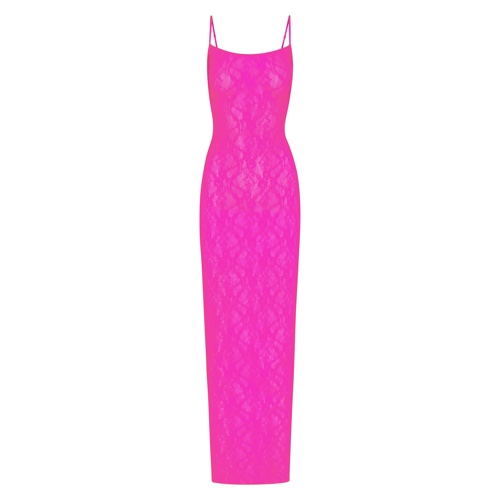 STRETCH LACE CAMI LONG DRESS | NEON PINK