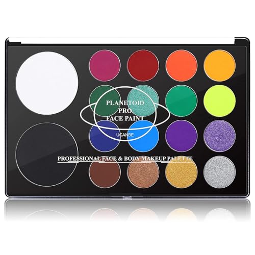 UCANBE Face & Body Paint, Water Activated SFX Makeup Palette - Extra Large White & Black Pan, Professional 18 Color Safe Non Toxic Art Painting Kit for Halloween, Cosplay, Parties, Theater & Stage - Planetoid Palette