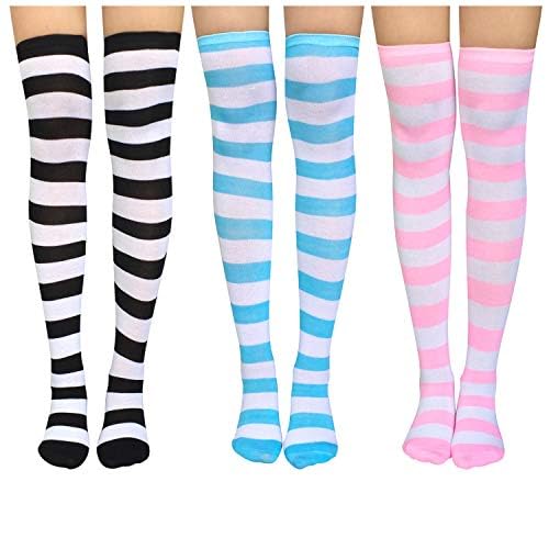 Chalier Apparel Womens Thigh High Socks Cotton Striped Over the Knee Socks Long Knee High Socks for Women - Light Blue-3 Pairs( Wide Stripes)