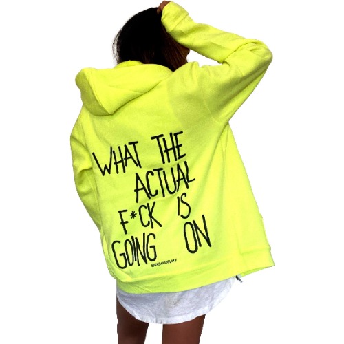 'WAIT WHAT' PAINTED ZIP UP HOODIE - Large