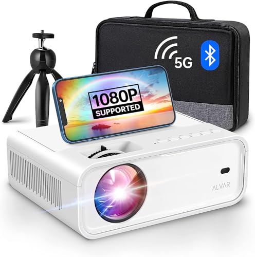 Mini Projector with 5G WiFi and Bluetooth W/Tripod & Bag, ALVAR 9000 Lumens Portable Outdoor Movie Projector 240" Display & 1080P Supported, Compatible with TV Stick/HDMI/VGA/USB/iOS & Android - white