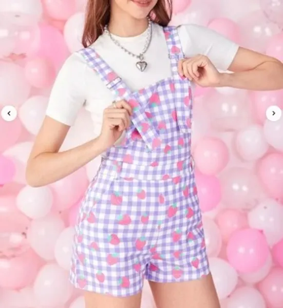 Gingham & Strawberry Print Overall Romper