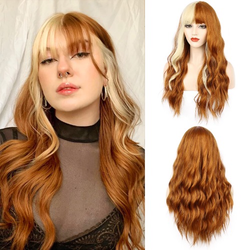 FORCUTEU Orange Wig With Bangs Long Orange Wigs for Women Orange and Blonde Wig Heat Resistant Wigs for Daily Party Cosplay (26Inch Orange and Blonde) - 26 Inch (Pack of 1) Orange Mix Blonde