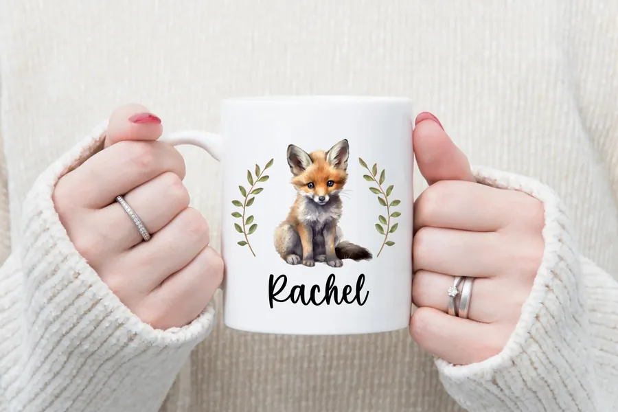Fox Custom Name Mug, Personalized Gift for Fox Lover, Cute Forestcore Woodland Animal Birthday Gift, Unique Gift Idea, Cottagecore Aesthetic