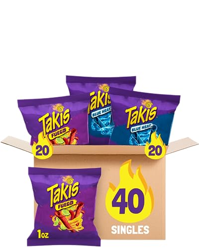 Takis 40 pc / 1 oz Variety Pack, Assorted Flavored Mixed Rolled Tortilla Chips – (20) Fuego 1 oz, (20) Blue Heat 1 oz - Fuego and Blue Heat - 1 Ounce (Pack of 40)