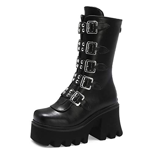 YIYA Black Platform Goth Boots for Women Studded Wide Mid Calf Combat Punk Boots Round Toe Buckle Chunky Heel Back Zipper Thick Sole Ankle Booties - 5 - 1 Black