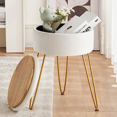 LUE BONA Velvet Vanity Stool Chair for Makeup Room, Beige Round Storage Ottoman, Stool for Vanity with Gold Legs, 19” Vanity Chair, Ottoman Makeup Vanity Stool Chair for Vanity, Living Room,Bedroom - Beige