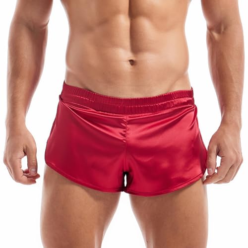 AMY COULEE Mens Sexy Jockstrap Shorts Large Split Side Boxer Briefs Silky Lightweight Satin Underwear - X-Large Red