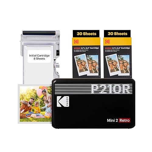 KODAK Mini 2 Retro 4PASS Portable Photo Printer (2.1x3.4 inches) Initial 8 Sheets + 60 Sheets Bundle, Black - 2x3 Printer + 68 Sheets - Black