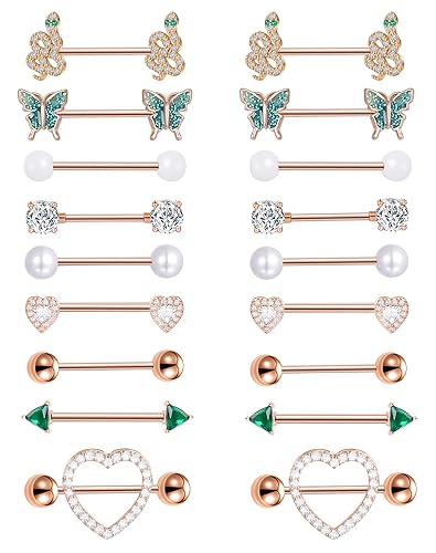 Tornito 9 Pairs Nipple Rings 14G Stainless Steel Heart Butterfly Snake Ball Emerald Triangle CZ Barbell Tongue Rings Set Cute Body Piercing Jewelry for Women 16mm Rose Gold Silver Tone - A: Rose Gold Tone