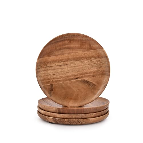 Samhita Acacia Wood Serving Plates,17.78 Round Wood Plates Set of 4, Easy Cleaning & Lightweight for Dishes Snack, Dessert, Classic Plates - Christmas Gift
