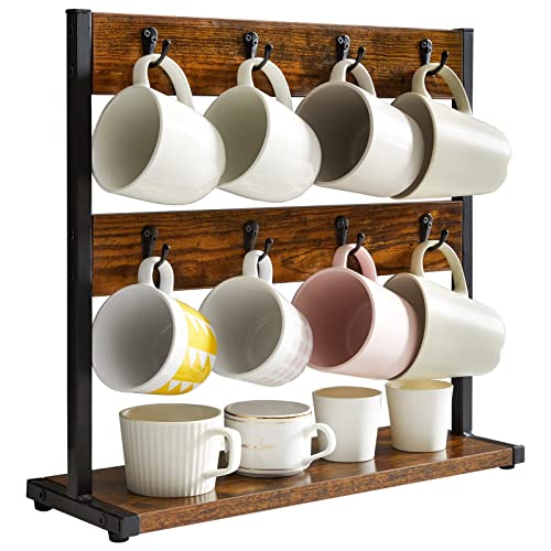 IBUYKE Rustic Coffee Mug Holder Stand, 2 Tier Countertop Mug Tree Holder Rack with Storage Base, Vintage Mug Holders for Kitchen, Holds 16 Mugs, Rustic Brown TBJ001H - no shelf - Vintage Brown