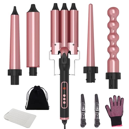 Curling Iron- 5-in-1 Curling Wand Set with 3 Barrel Hair Waver, Ceramic Curling Iron Set Curling Tongs Interchangeable Waver Curling Wand for Long/Short Hair,LCD Display /80-230°C Adjustment Temp - Pink