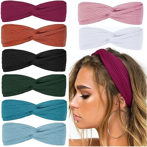 Huachi Headbands for Women Twist Knotted Boho Stretchy Hair Bands for Girls Criss Cross Turban Plain Headwrap Yoga Workout Vintage Hair Accessories, Solid Color, 8Pcs - Retro-Beloved