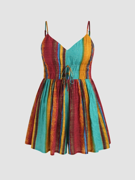 V-neck Color Striped Ruffle Hem Romper Curve & Plus