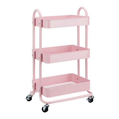 Amazon Basics Chariot de rangement à 3 niveaux pour la cuisine ou la buanderie avec roulettes - Rose poudré - Rose Poudré
