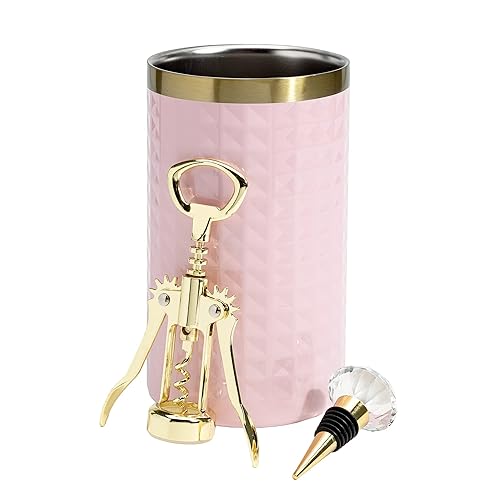 Paris Hilton Wine Bottle Chiller Set, Insulated Double Wall Chiller, Gold Winged Corkscrew Wine Bottle Opener, Diamond Wine Stopper, 3-Piece Set, Pink - Standard - Pink