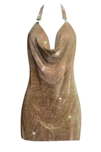 Essence Diamante Crystal Halter Mini Dress - Gold | M