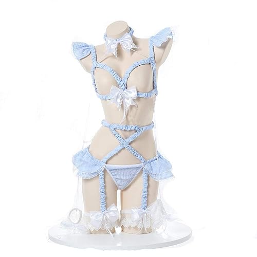 JasmyGirls Sexy Cosplay Lingerie Set Kawaii Anime Lolita Underwear Roleplay Outfit Plaid Bra Pantie Choker Garter Belt - X-Small - Medium - Blue