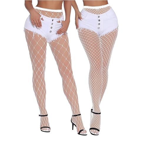 EVERSWE High Waist Fishnet Tights, Thigh High Suspender Stockings - Small-Medium - White(large Gride+medium)