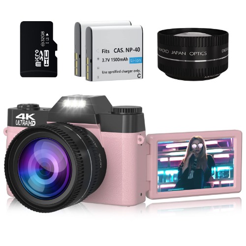 Digital Camera 4K 48MP Vlogging Camera for Photography for YouTube with WiFi, 3.0" IPS 180°Flip Screen, Wide Angle Lens, Macro Lens, 16X Digital Zoom, 32GB SD Card, 2 Batteries - Pink