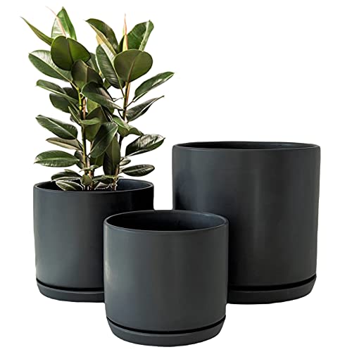 Olly & Rose Juego de 3 macetas de cerámica Negra Mate con platillos para Interiores y Exteriores, macetas Redondas (Negro Mate) - Negro