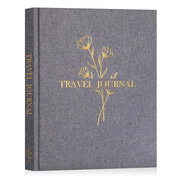 Lanpn Travel Photo Journal Notebook for Women Men, Linen Travel Log Diary Scrapbook Memory Book with Prompts, Anniversary Journals Traveling Gifts (Grey, 110 Pages)