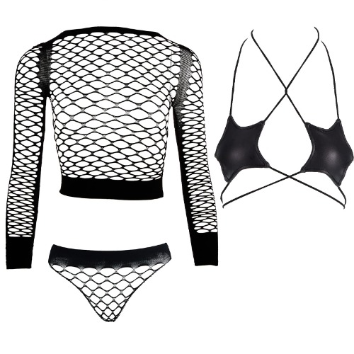 SATINIOR 2 Pieces Mesh Lingerie Set Fishnet Babydoll Mini Dress Mesh Bodysuit with Long Sleeve and Black Star Shape Bikini Halter Rave Top Bra for Women One Size, Black, One size