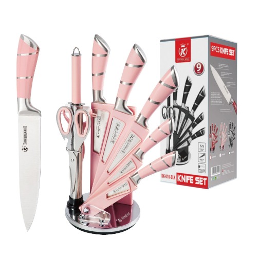 Kitchen Chef Knife Sharp 9 Piece Set, Premium Stainless Steel Knife Blade & Hollow Non-Slip Handles - 360 Degree Rotating Block Stand Cooking Set of Knives (Pink & Black)