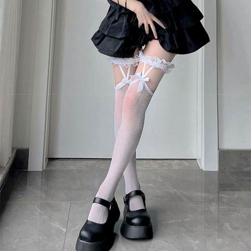 'Aletta' Black/White Lolita Anime Stockings - White / One Size