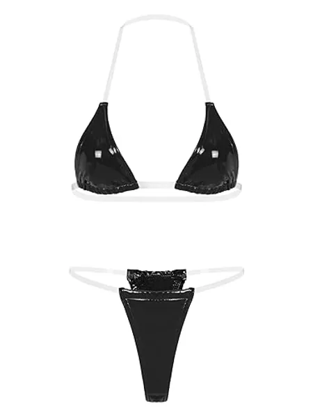 Fldy Women Invisible Straps Sexy Brazilian Bikini Set Latex Shiny Metallic Swimsuit Triangle Bathing Suit - Small - Metallic,red