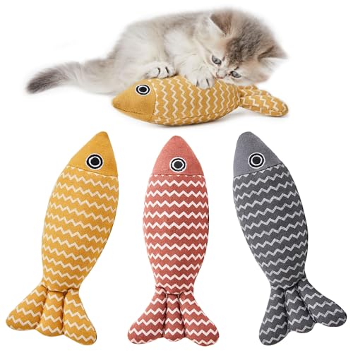 Potaroma Cat Toys Fish, 3 Pcs Crinkle Sound Catnip Toys Soft Linen, Interactive Kitten Exercise Kicker Toys for Indoor Cats 7.8 Inches for All Breeds - Striped Fish