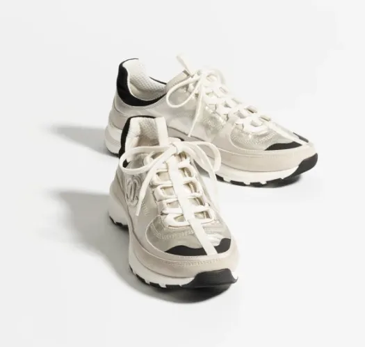 Chanel Trainers - Laminated & suede, light gold, light gray & black - CHANEL