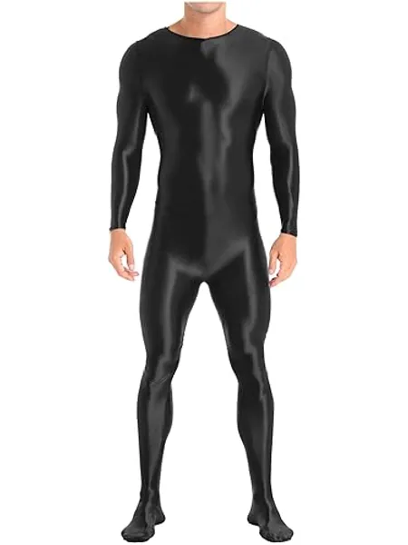 iEFiEL Herren Öl Ganzkörperanzug Langarm Ganzkörper Stretch Overall Einfarbig Glänzende Jumpsuit Leggings Sportanzug