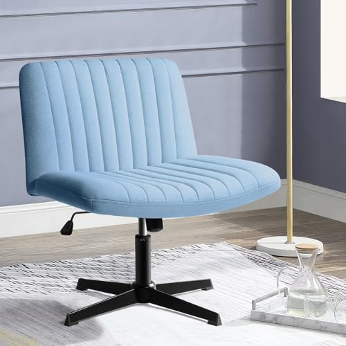 PUKAMI Criss Cross Chair,Armless Cross Legged Office Desk Chair No Wheels,Fabric Padded Modern Swivel Height Adjustable Mid Back Wide Seat Computer Task Vanity Chair for Home Office (Light Blue) - Blue - Classic
