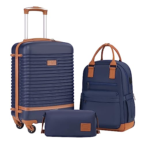 COOLIFE Suitcase Trolley Carry On Hand Cabin Luggage Hard Shell Travel Bag Lightweight with TSA Lock,The Suitcase Included 1pcs Travel Backpack and 1pcs Toiletry Bag (Blue/Brown, 20 Inch Luggage Set) - 20 Inch Luggage Set - Blue/Brown