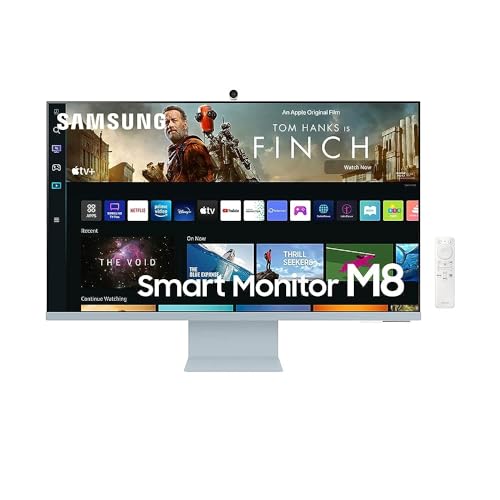 SAMSUNG M8 Series 32-Inch 4K UHD Smart Monitor & Streaming TV with Slim-fit Webcam for PC-Less Experience, Netflix, HBO, Prime VOD, & More, Apple Airplay, WiFi, BT, Built-in Speakers, 2022, Blue - Daylight Blue - 32-inch - M80B - Adjustable Stand Only