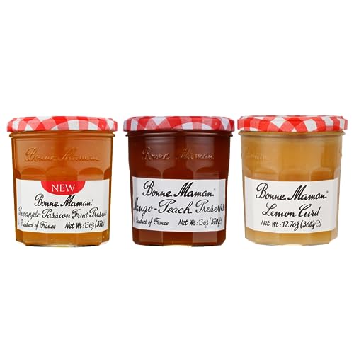 Bonne Maman Summer Variety Pack (Pineapple-Passion Fruit Preserves, Mango-Peach Preserves, Lemon Curd), Pack of 3 - Pineapple-Passion Fruit, Mango-Peach, Lemon Curd