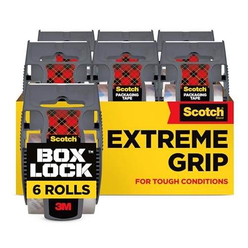 Scotch Box Lock Packing Tape, Clear, Extreme Grip Box Packaging Tape for Shipping and Mailing, 1.88 in. x 22.2 yd., 6 Tape Rolls with Dispensers - 6 Rolls