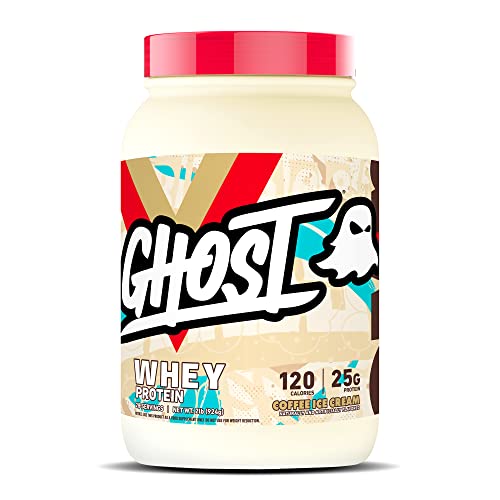 GHOST Whey Protein Powder, Coffee Ice Cream - 2LB Tub, 25G of Protein - Flavored Isolate, Concentrate & Hydrolyzed Whey Protein Blend - Post Workout Shakes - Soy & Gluten Free - Coffee Ice Cream - Pack of 1