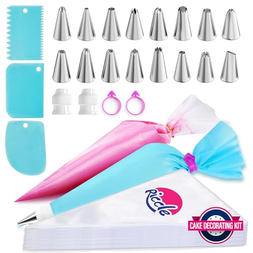 Riccle Piping Bags and Tips Set, 12 Inch 100 Anti Burst Piping Bags, 124 Pcs Cake Decorating Kit with 16 Piping Tips, 1 Reusable Pastry Bags, 3 Cake Scrapers, 2 Couplers, and 2 Icing Bags Ties - 12 Inch With Tips